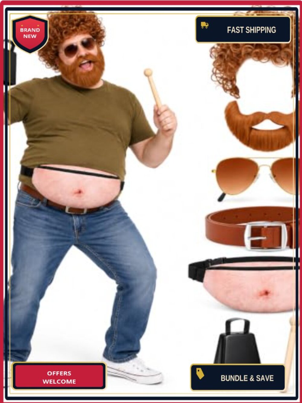 7 Pc Funny Retro Costume Accessory Set Wig Beard Aviator Sunglasses Belly Bag